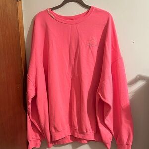 Pink Crewneck Sweatshirt with Sun Hand Embroidery